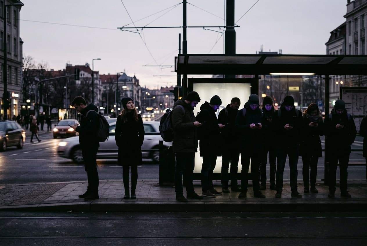 People waiting at a tram stop at dusk, all of them looking down at glowing phones except one, who is looking up and away