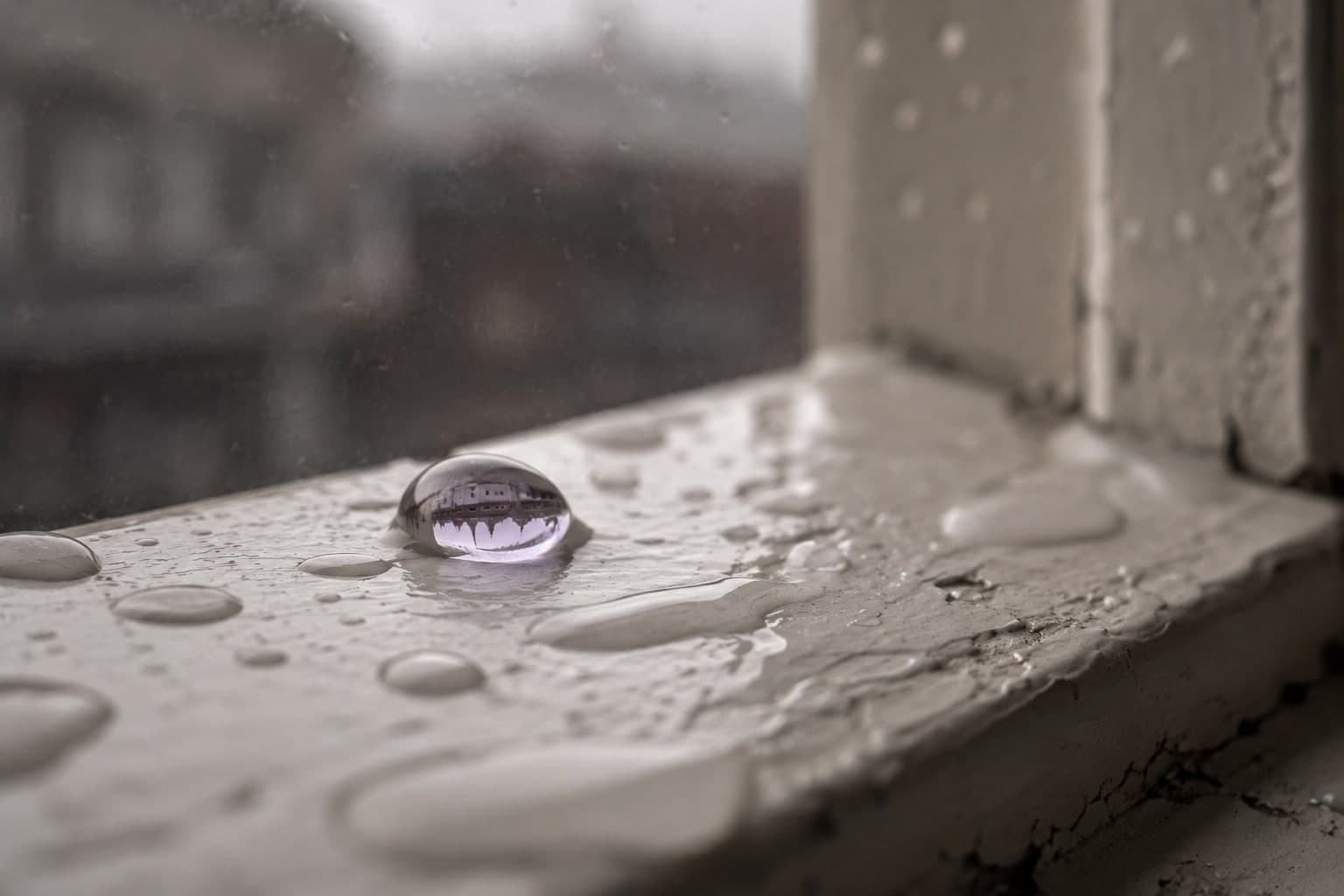 A single raindrop on a wet windowsill, holding a small inverted reflection of the street outside